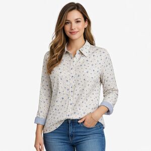 Chaps Floral Blouse Women XL Button Front Flip Cuff Blue Tan Cottagecore